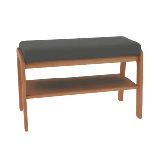 3D-Modell einer modernen Holzbank mit dunkelgrau gepolstertem Sitz und unterem Holzregal, vor weißem Hintergrund.