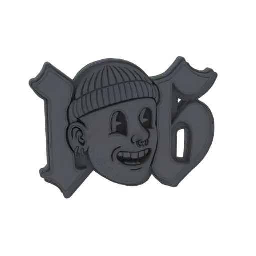 3D model of a cartoon character wearing a beanie, with large eyes and a wide smile, set against a black background.