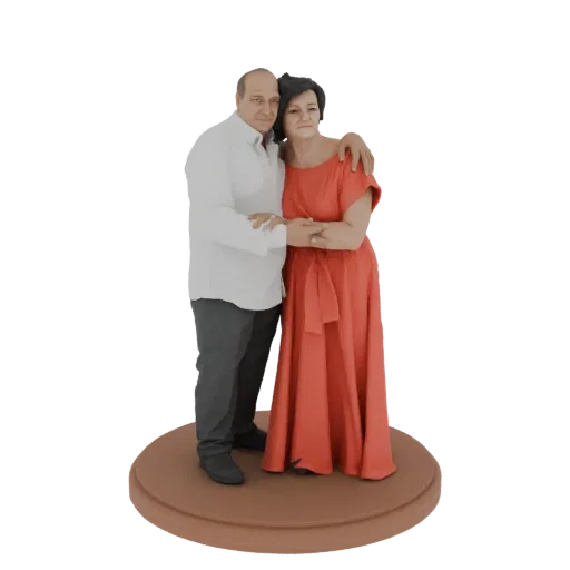 3D model of a couple embracing, man in white shirt, woman in red dress, standing on a circular base.