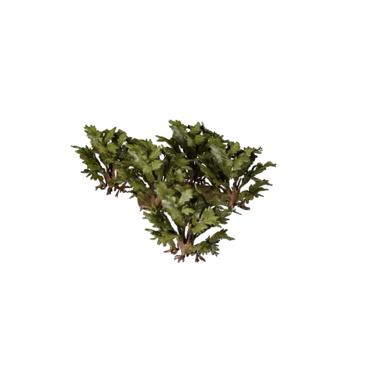 Low Bush Scatter Pack Low Poly 3D model, game viewport three-quarter view, showing leaf clusters, terrain detail.