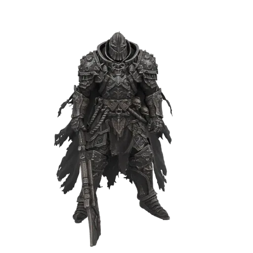 3D model of a dark knight warrior in full armor, holding a large scythe, with tattered cape elements.