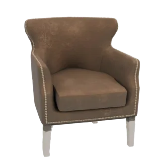 Modelo 3D de un sillón clásico de cuero marrón con tachuelas decorativas y patas claras, mostrado desde una vista de tres cua