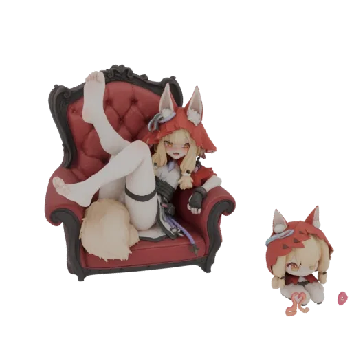 3D model of a fox girl sitting on a red throne, with a smaller chibi version beside her.