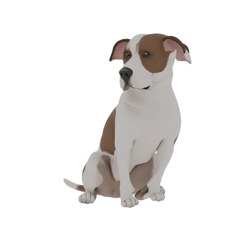 A realistic 3D model of a brown and white Pitbull Terrier sitting down, looking to the side with a gentle expression.