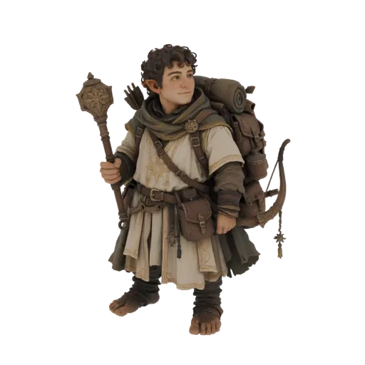 3D model of a young Hobbit adventurer with curly hair, pointed ears, holding a staff and wearing a backpack and bow.
