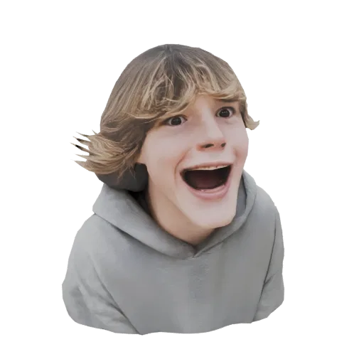 3D model of a young boy with blonde hair, wide eyes, and an open mouth in a moment of surprise, wearing a grey hoodie.