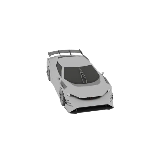 3D model of a futuristic gray sports car with a large rear spoiler, viewed from a three-quarter front angle.