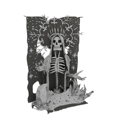 3D model of Santa Muerte skeleton statue with crown, robes, and starry background