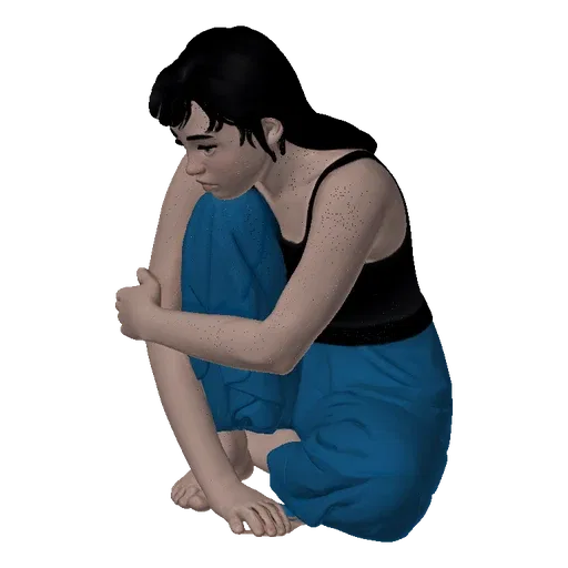 3D model of a young girl with black hair, wearing a black top and blue pants, crouching with her arms around her knees, looki