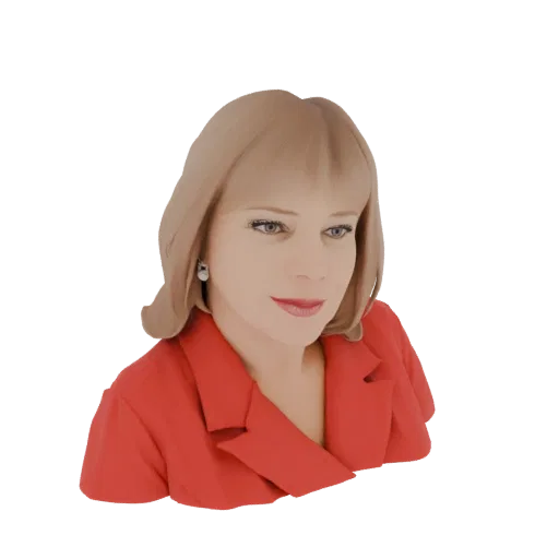 3D model render of a woman with blonde hair wearing a red blazer, looking slightly to the side.