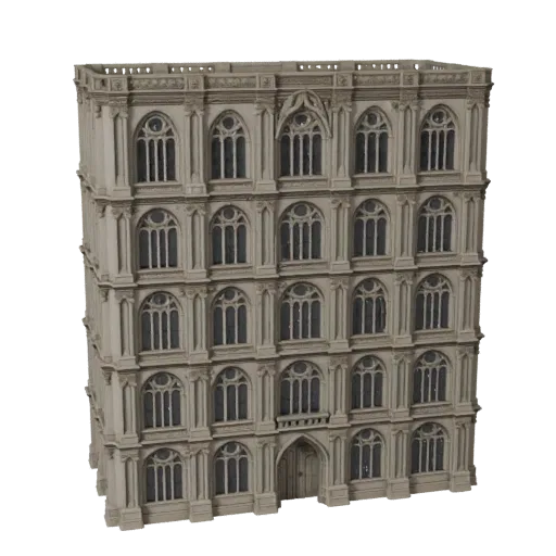 Gothic Facade printable STL 3D model, isometric display view, showing building facade materials and architectural detail