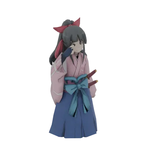 3D model of a young anime-style samurai girl in a pink kimono and blue hakama, holding her hand to her eye, with two katanas on her back.