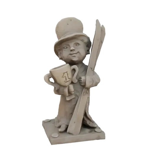 3D model of a cheerful gnome wearing a hat and holding skis and a first-place trophy.