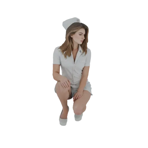 3D model of a female nurse character crouching, wearing a white uniform and cap, looking to the side.