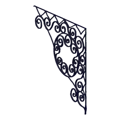 A dark, ornate wall bracket with intricate scrollwork and a central circular design, rendered against a black background.