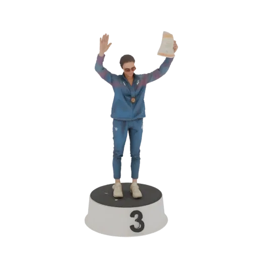 3D model of a bronze medalist figure in a blue tracksuit, standing on a podium with the number 3, holding a certificate.