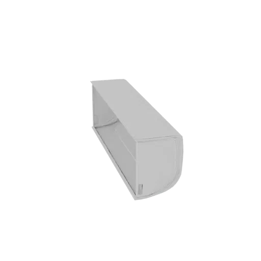 A 3D model of a modern white cable management trunking, viewed from an angle, showcasing its clean lines and semi-circular pr