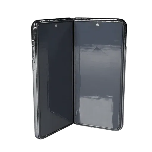 Modello 3D Smartphone Pieghevole, vista frontale tre quarti, rendering studio visualizzatore AR, che mostra schermi in vetro,