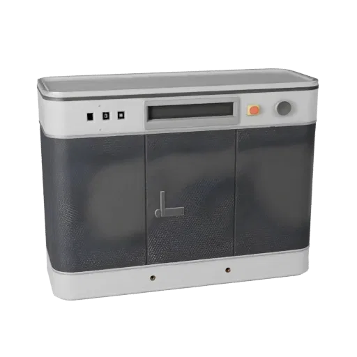 Retro Smart Speaker 3D model, home interior, three-quarter front view, Unity viewport, plastic detail.