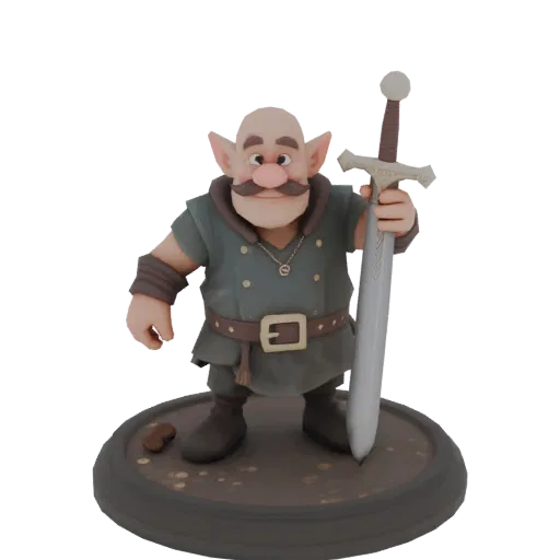 3D model warrior gnome with sword on stand, cartoon style