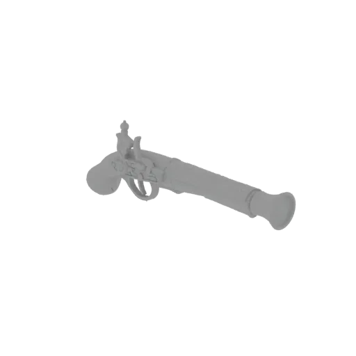 3D model of an ornate flintlock pistol with detailed scrollwork on the lock and grip, presented in a neutral grey.