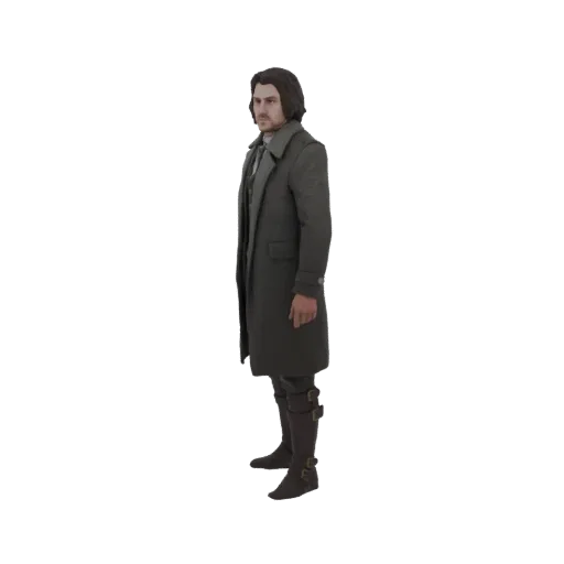 3D model of a Victorian gentleman wearing a long coat, waistcoat, and boots, viewed from the side.