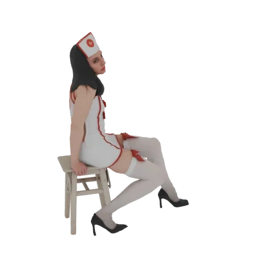 Modelo 3D de mujer con traje de cosplay de enfermera, sentada en un taburete, mirando de lado.