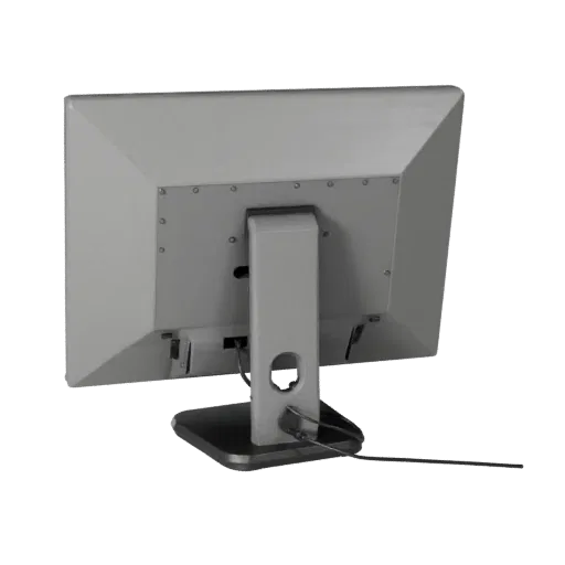 Modello 3D Monitor Low Poly, vista a tre quarti del viewport di gioco, che mostra scocche in plastica, scala da scrivania.