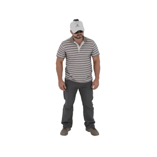 3D model of a man wearing a striped polo shirt and a white baseball cap, standing with hands at his sides.