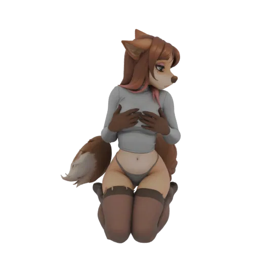 3D model of an anthropomorphic fox girl kneeling with her hands on her chest, looking to the side.