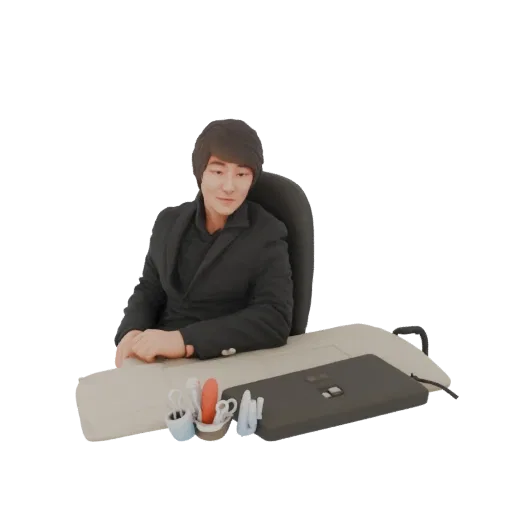 3D model of a business man in a black suit sitting at a desk with office supplies.