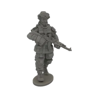 3D model of a modern soldier in tactical gear, holding an assault rifle, with a Ukrainian trident emblem on the chest plate.