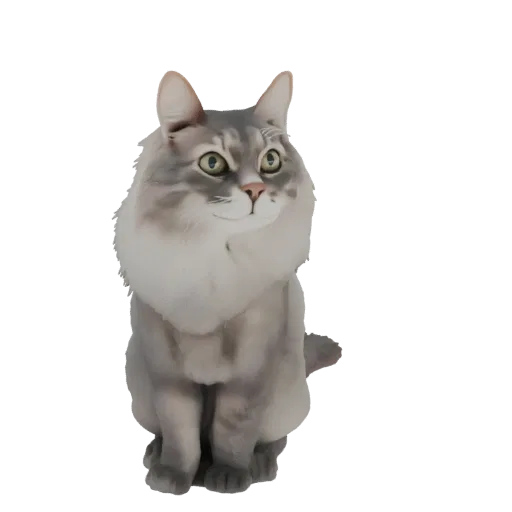 3D model of a fluffy grey cat sitting with its ears perked and looking to the side.