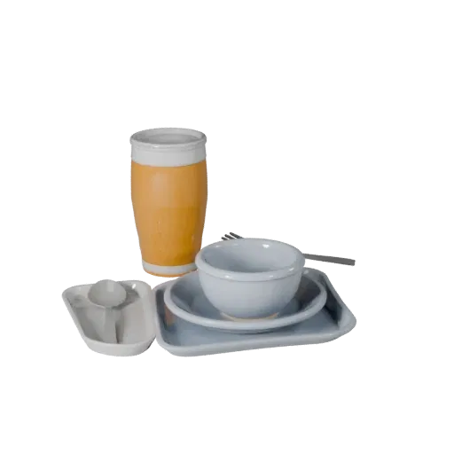 Modelo 3D de Serviço de Chá de Piquenique, vista frontal em três quartos, viewport Unity, mostrando cerâmica, arranjo de serv