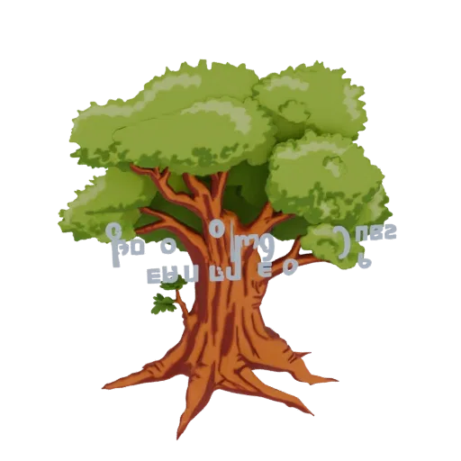 A stylized 3D model of a mature oak tree with a textured brown trunk and a full, rounded green canopy.