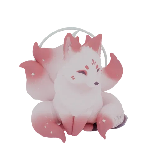 3D-Modell eines niedlichen pinken Kitsune-Fuchses mit neun Schwänzen, pastellfarben und mit Sternakzenten, auf weißem Hinterg
