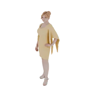 Modelo 3D de una mujer elegante con cabello rubio recogido, vistiendo un vaporoso vestido amarillo y de pie con una mano en l