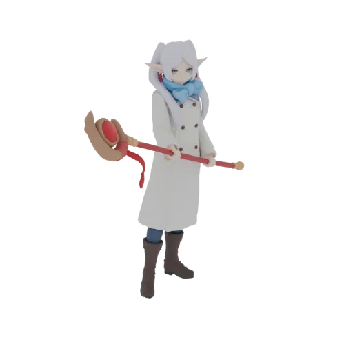 3D model of an anime elf mage with white hair, blue scarf, white coat, and a staff, rendered against a white background.