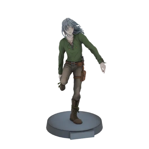 3D model of an adventurer with blue hair, wearing a green tunic and brown pants, standing on a grey circular base.