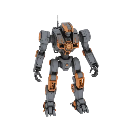 Un rendering 3D dettagliato di un mech da combattimento sci-fi grigio e arancio con un occhio centrale arancio luminoso, in p