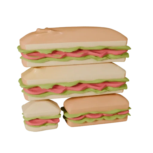 Modelo 3D Estilizado de Sándwich, renderizado isométrico estilizado, mostrando salsas, composición emplatada.