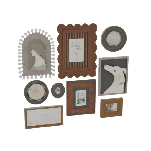 A 3D render showcasing a collection of framed artworks and sculptures arranged on a black background.