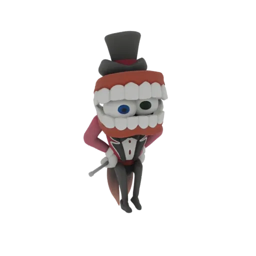 3D model of dapper dentures wearing a top hat and tuxedo, with one blue eye and one green eye.