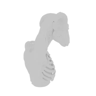 3D model of a woman with a lamb's head, visible ribs, and a raised hand with a cross, on a white background