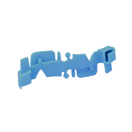 3D model of a light blue abstract geometric clip with sharp angles and interlocking forms, set against a black background.