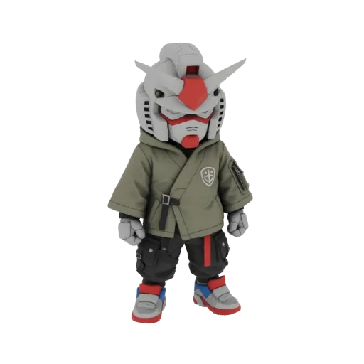 3D model of a Chibi Gundam character wearing an olive-green jacket, cargo pants, and sneakers, with a black background.