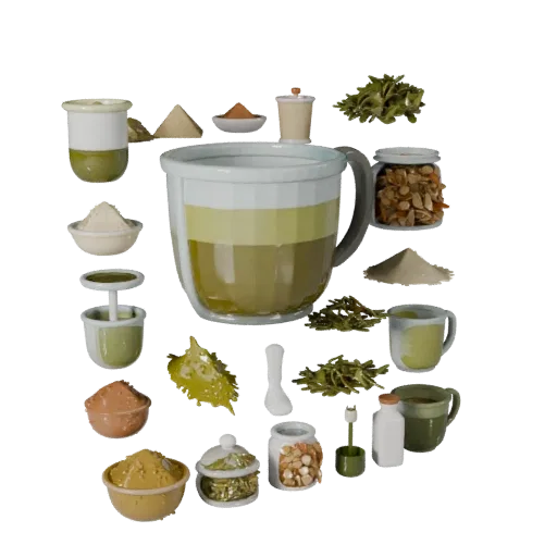 Baking Herb Bundle Stylized 3D model, stylized isometric render, showing powders, small ingredient shapes.