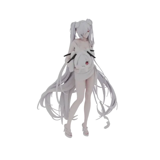 3D-Modell eines Anime-Mädchens mit langen weißen Haaren und roten Augen, in weißer Kleidung und mit weißem Plüschtier.