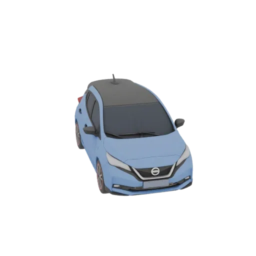 3D model of a blue 2024 Nissan Leaf Nismo car with a black roof, front view