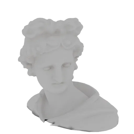 3D model render of a white classical bust of a young man with curly hair, looking slightly down.